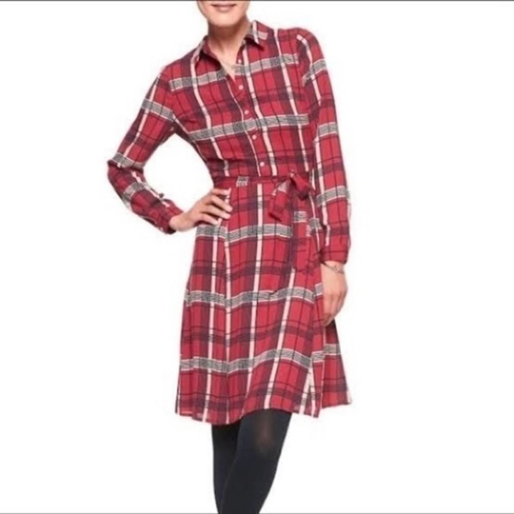 Banana Republic NWOT Women’s Size 14 Red Black Cream Plaid Belted‎ Dress